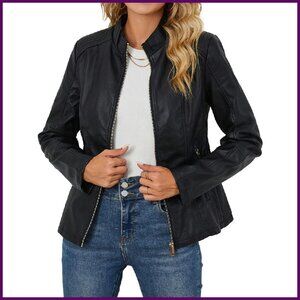 Faux Leather Motorcycle Jacket Women's Zipper Bomber PU Coat with Pockets